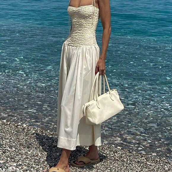 Cream Party Women's Beach Vacation Elegant Waist Cinched Fitted Camisole Dress - Picture 2 of 7